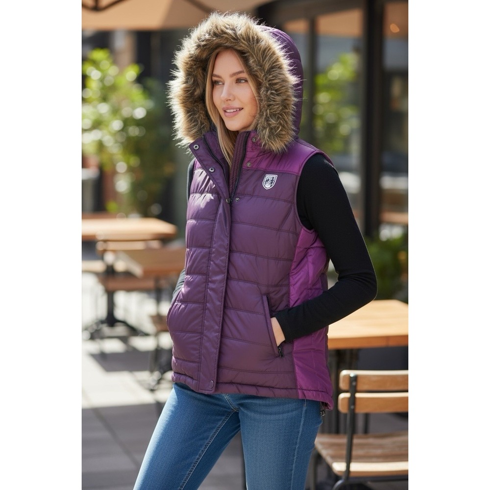 Y2K💜American Eagle Purple Puffer Vest Fur Hood Quilted Streetwear It Girl M